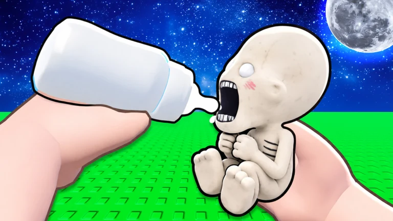 A player feeds a baby anomaly meat, and it grows into a towering pale SCP creature in Raise an Anomaly.